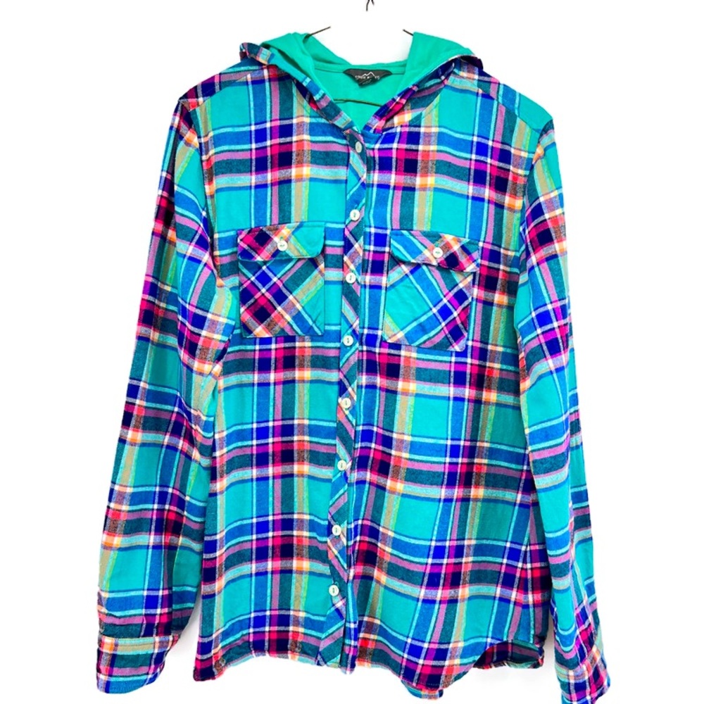 Eddie Bauer Plaid Hoodie Shacket Shirt Button Up Front Pockets Teal Blue Sz L